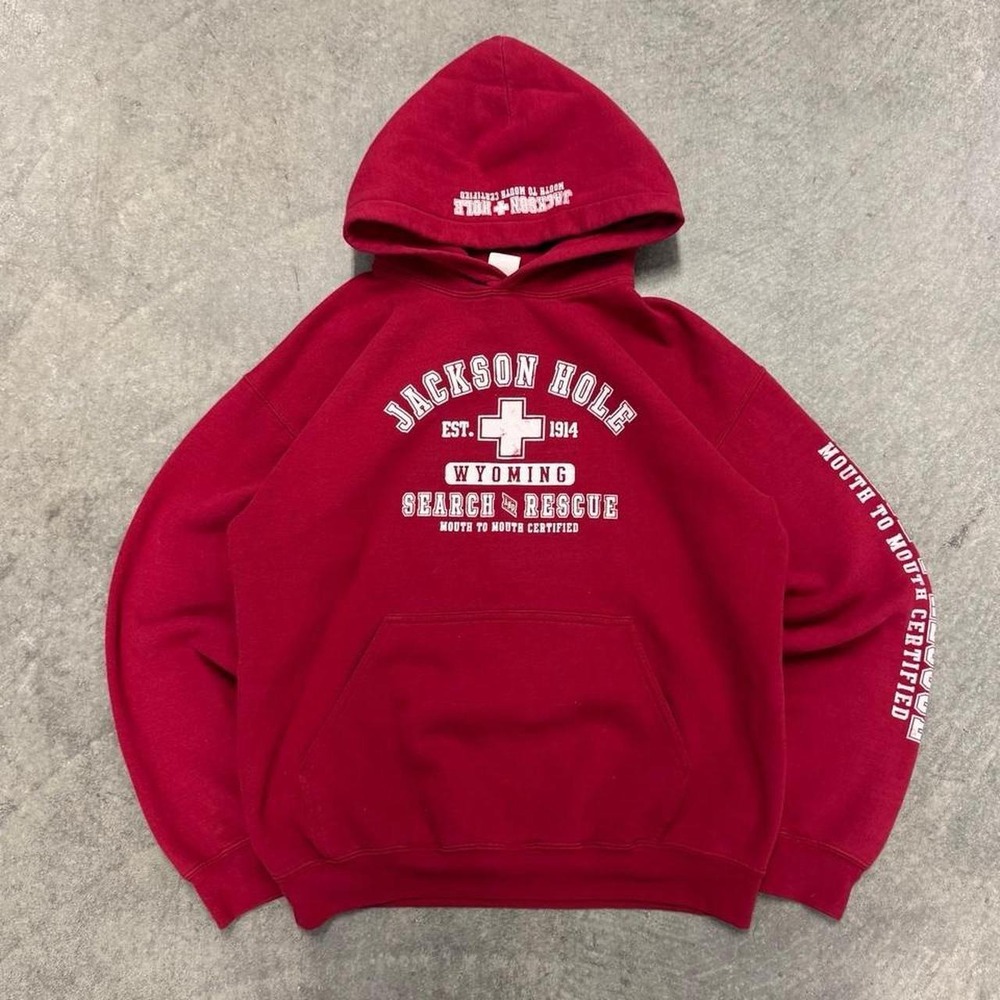 Men's Jackson Hole Ski Patrol Red Hoodie Sweatshirt Outdoor Ski Pullover Medium